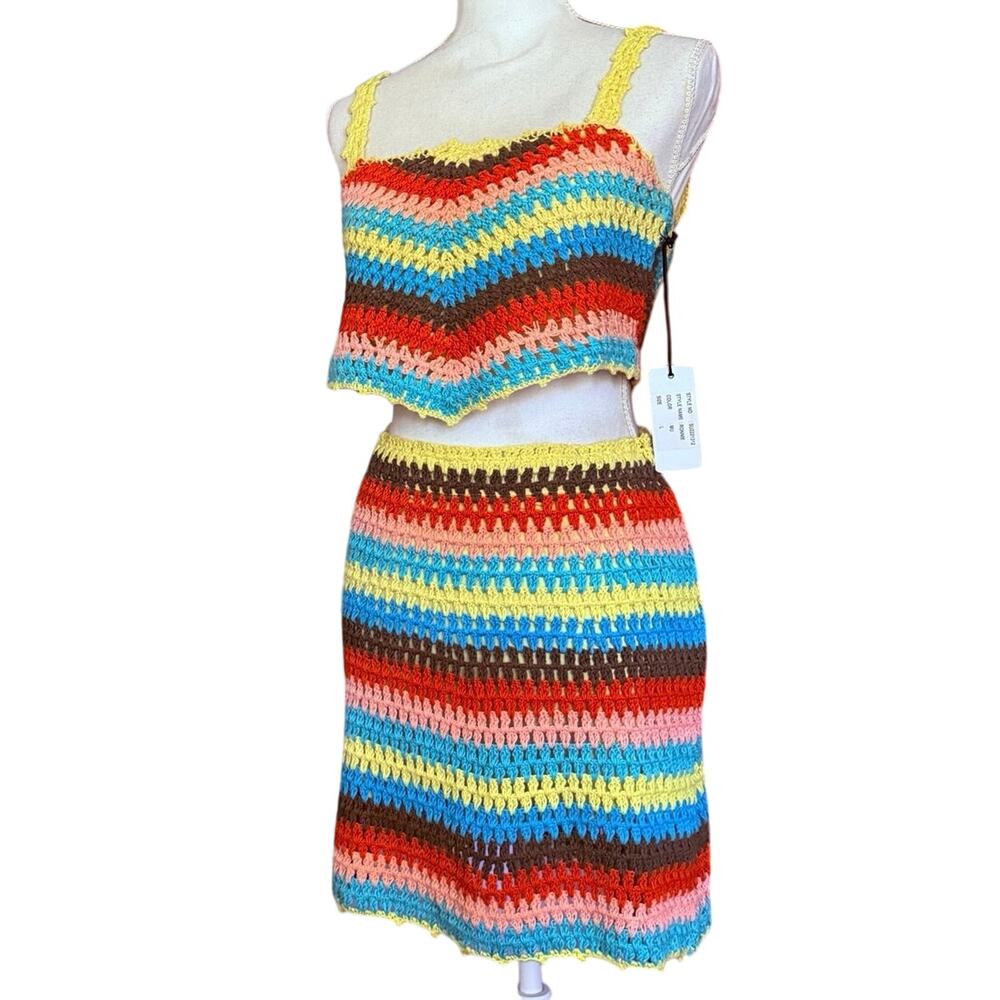 SAYLOR crochet Ronnie SET tank top and skirt chevron knit multicolored L large - Picture 3 of 14